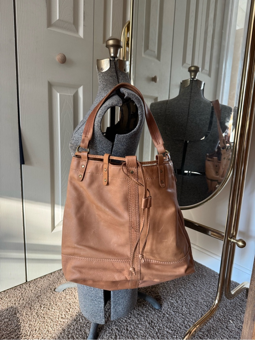 NEW Genuine Leather Large Drawstring Bucket  Bag
